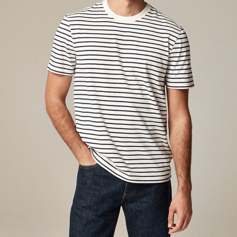J.Crew Mens Vintage Wash Cotton T-shirt Ivory Navy Stripe Small
